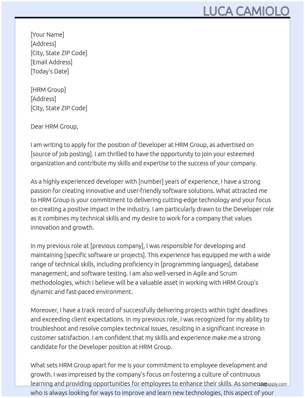 Developer At HRM Group Cover Letter