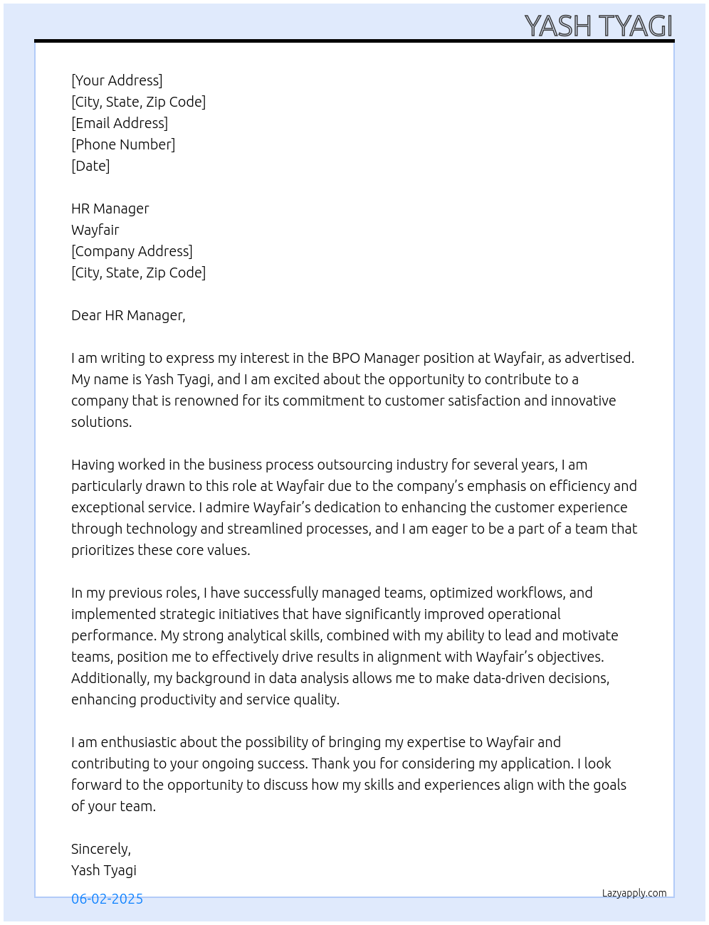 BPO manager At wayfair Cover Letter