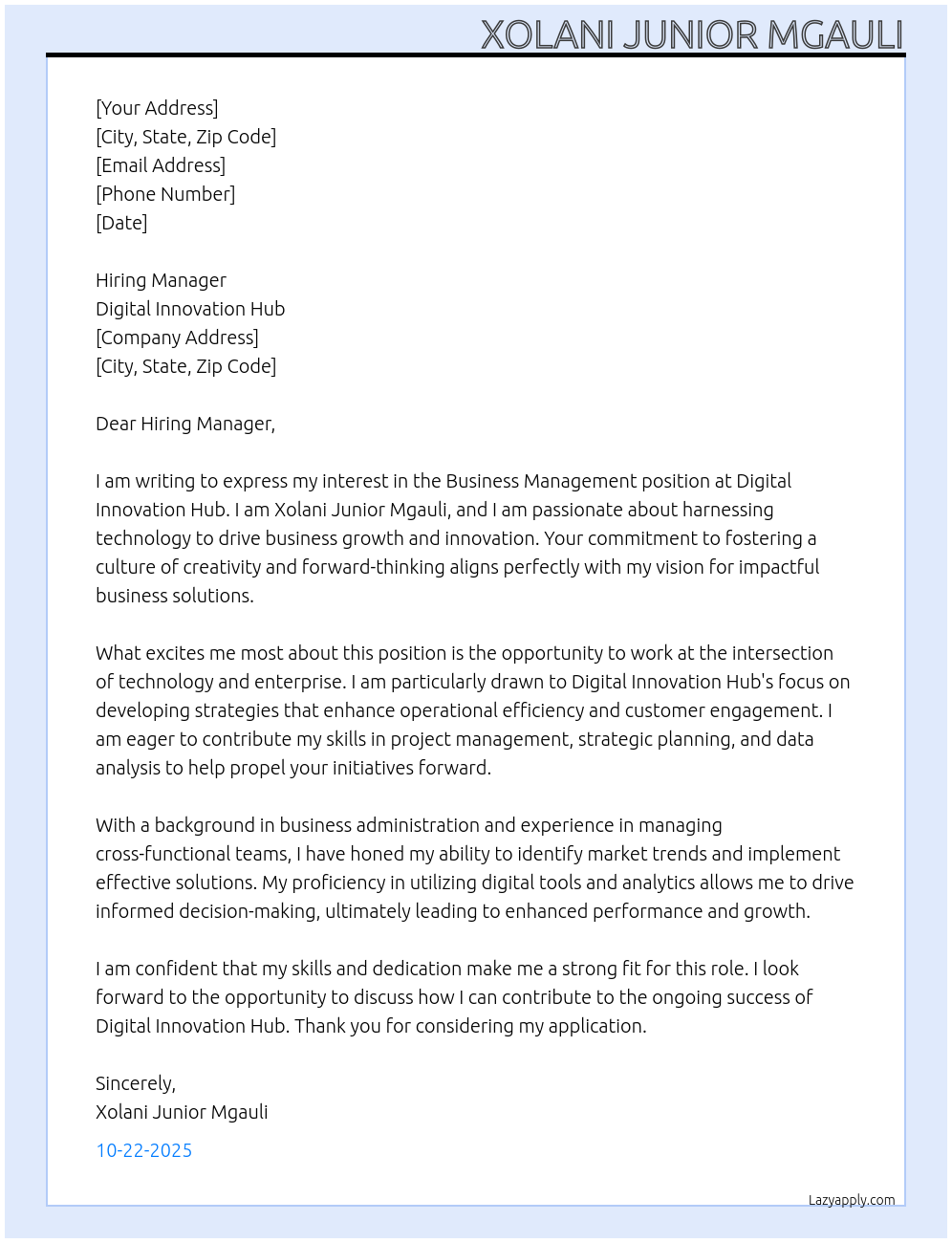 Cover letter for business management - LazyApply