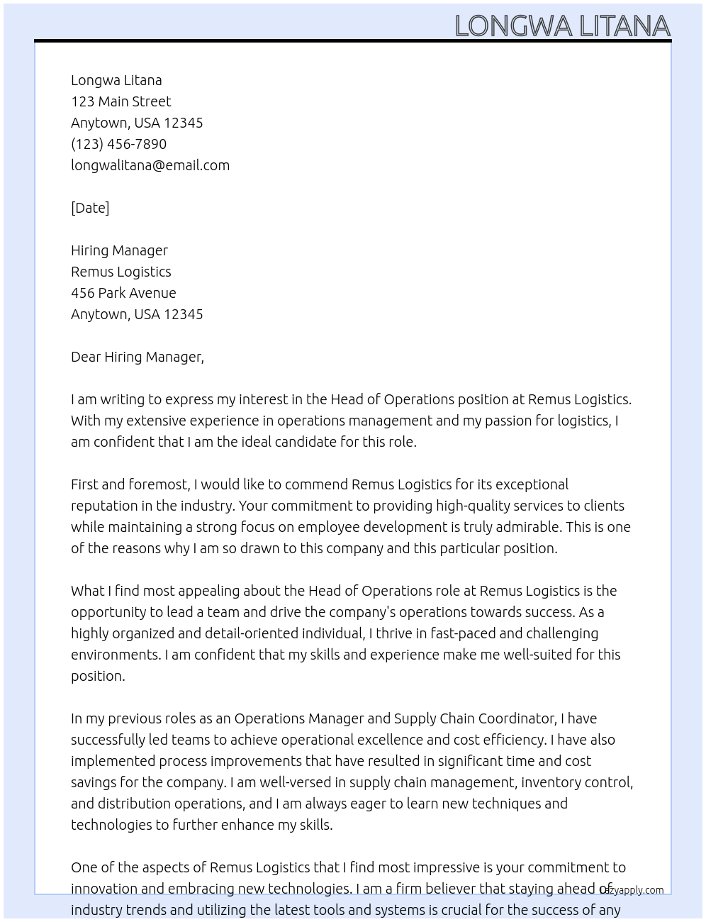 Head of operations At Remus Logistics Cover Letter