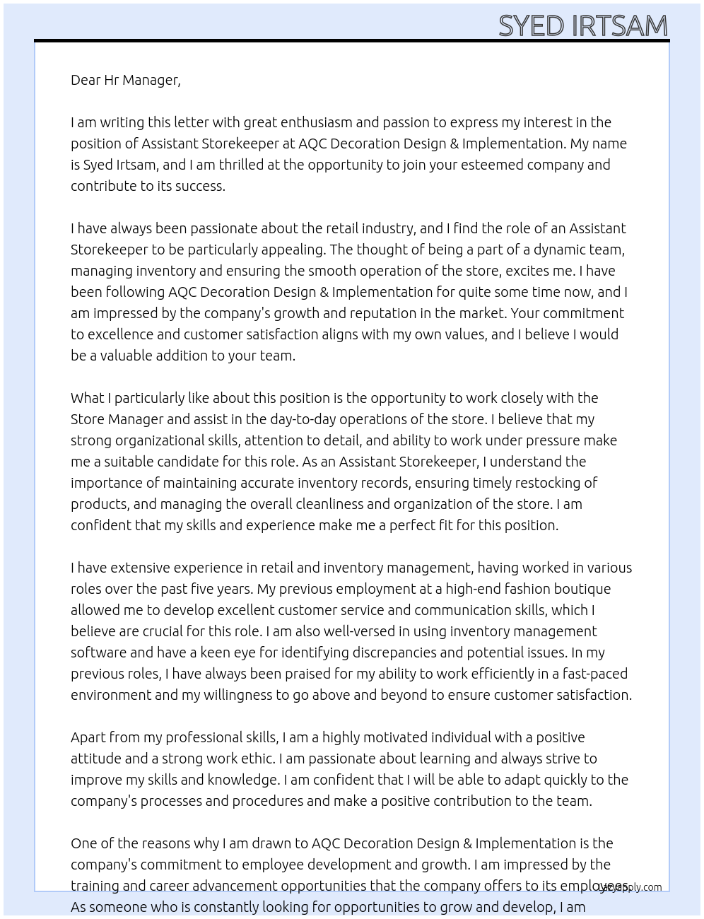 Assistant Store keeper At  AQC Decoration Design & Implementation Cover Letter