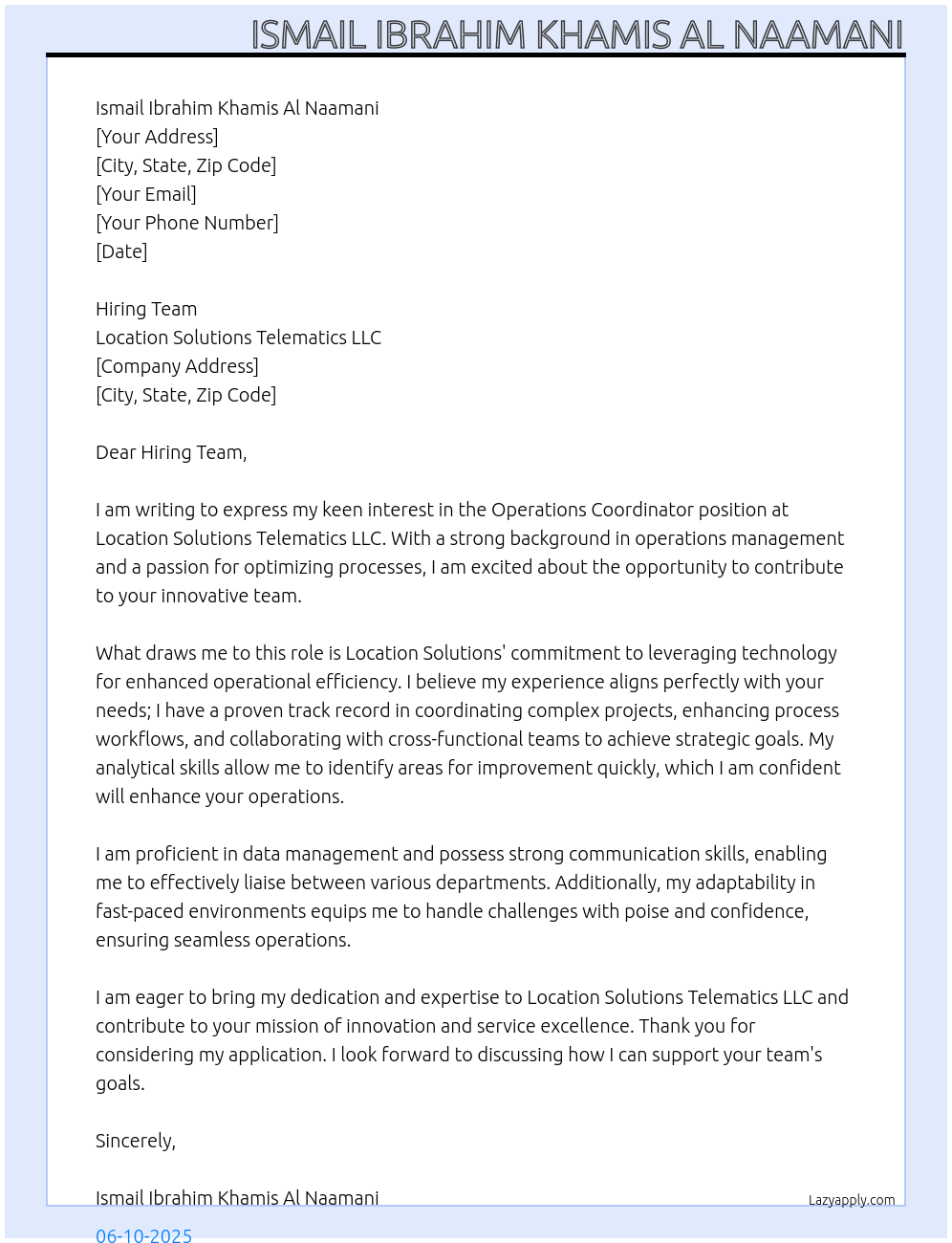 Operations Coordinator At Location Solutions Telemetics LLC Cover Letter