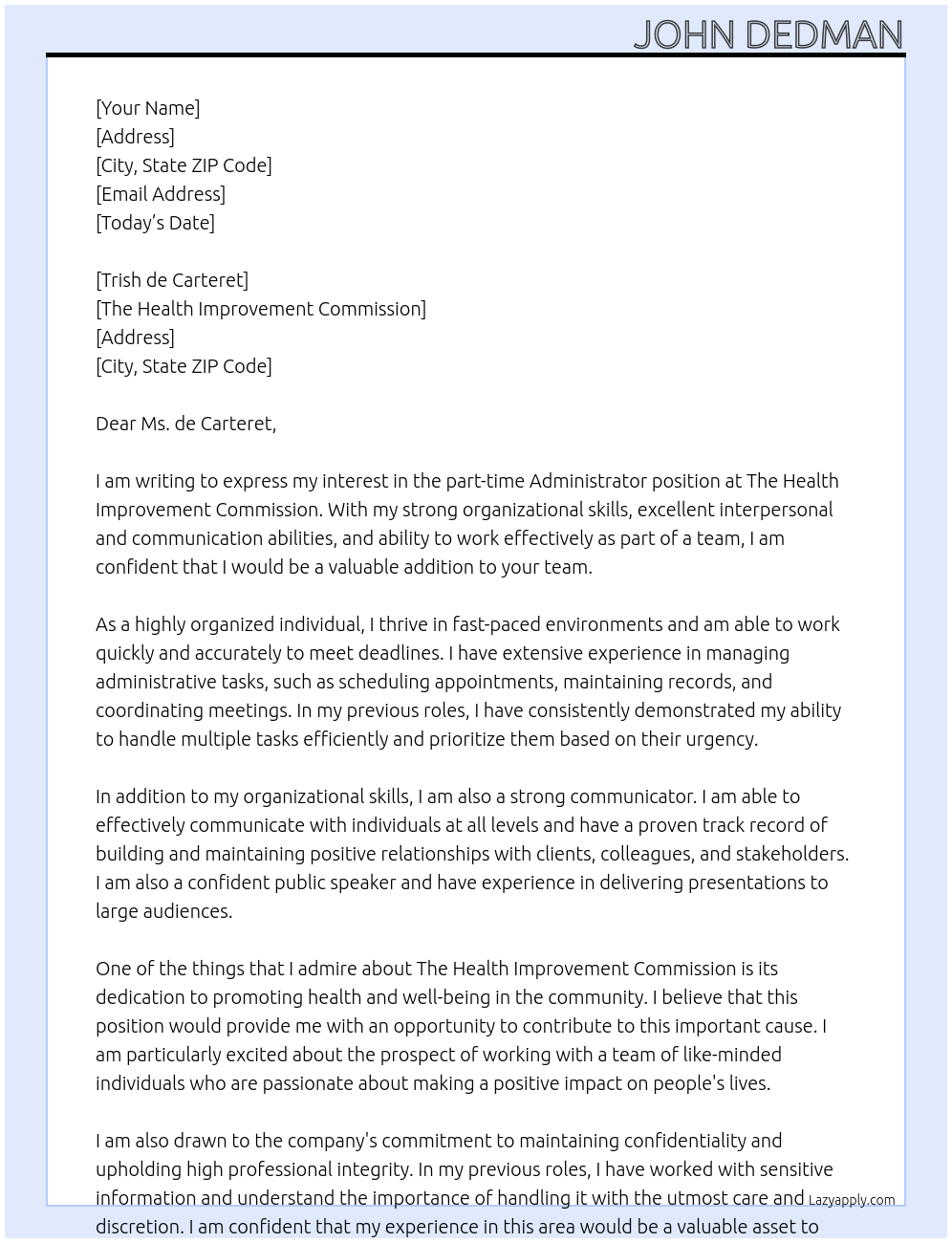 administrator At The Health Improvement Commission  Cover Letter