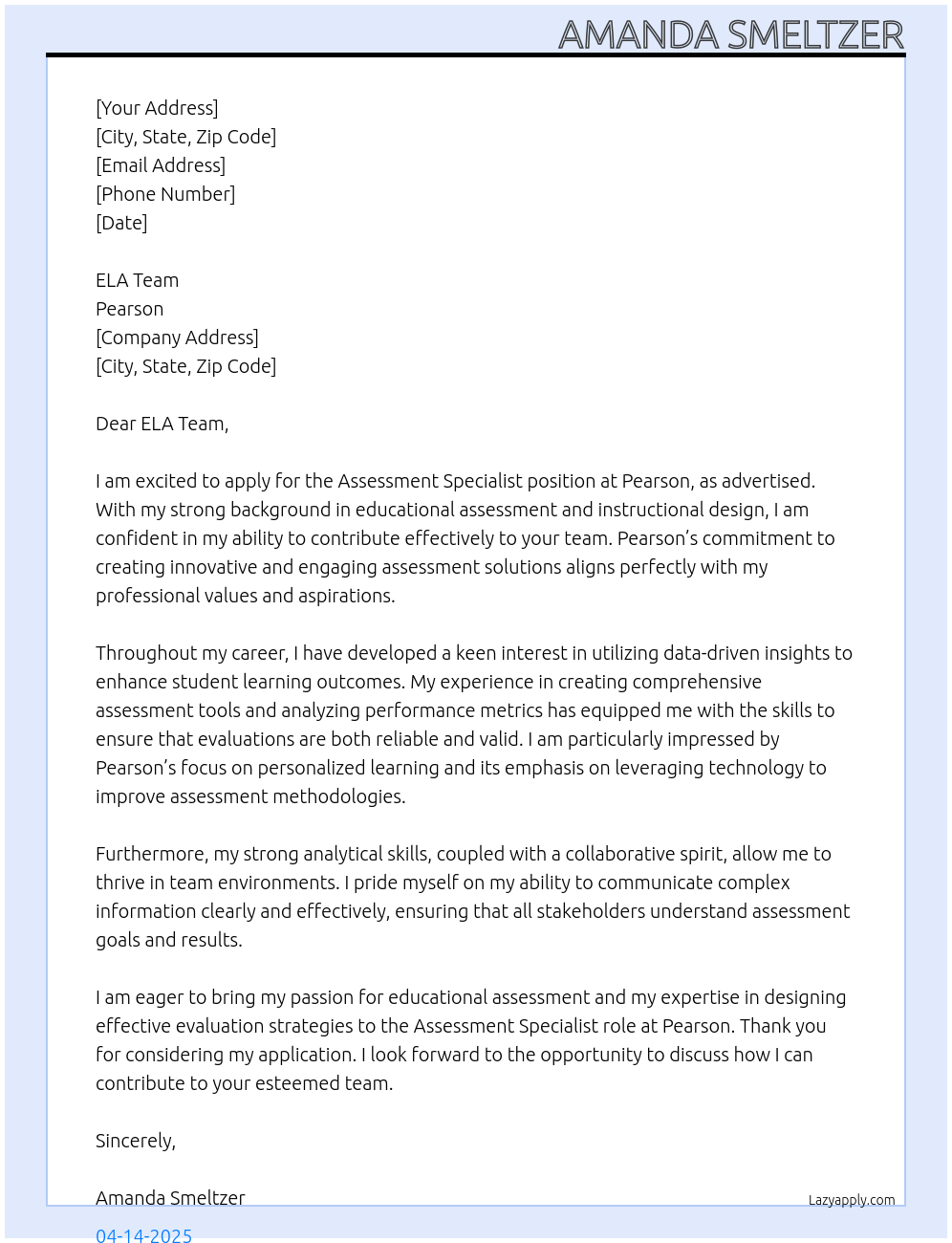 Assessment Specialist At Pearson Cover Letter