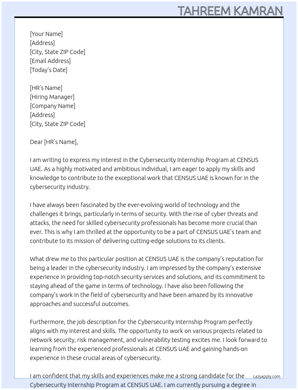 Cover letter for cybersecurity internship program: - LazyApply