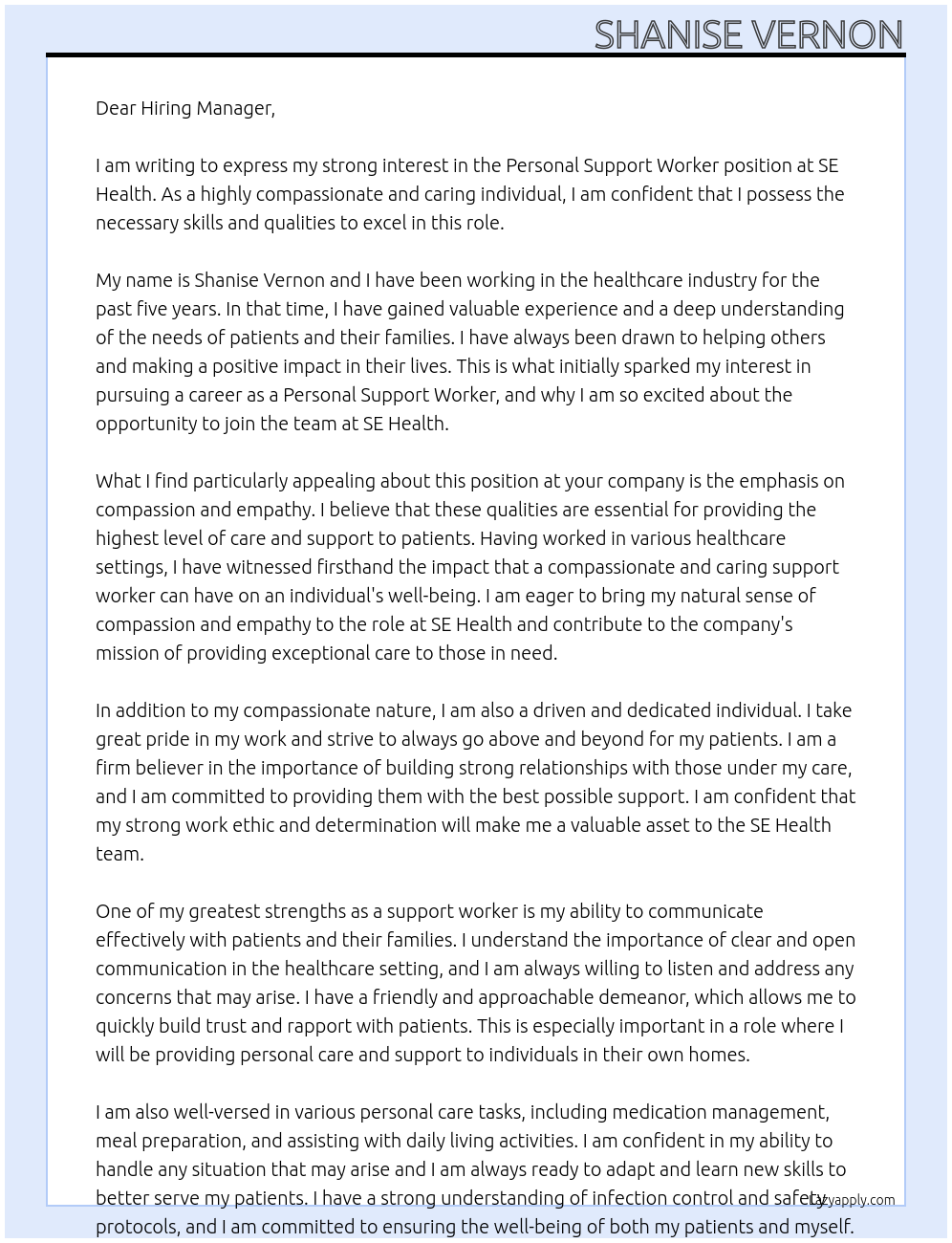 Personal Support Worker At SE Health Cover Letter
