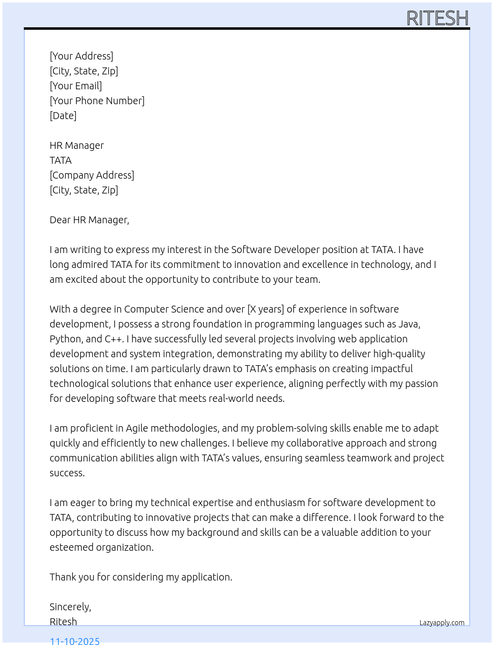 software developer At TATA Cover Letter
