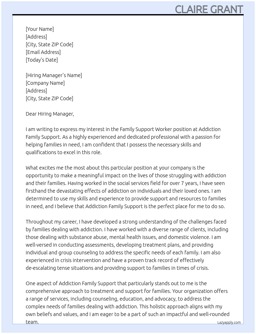 Family Support Worker At Addiction Family Support Cover Letter