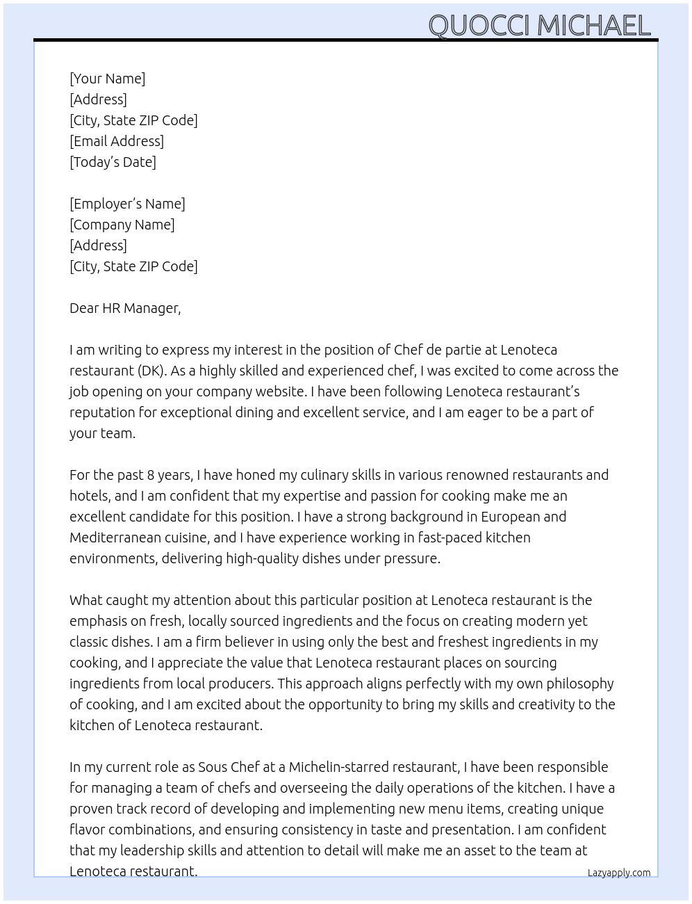 Chef de partie At Lenoteca restaurant (DK) Cover Letter