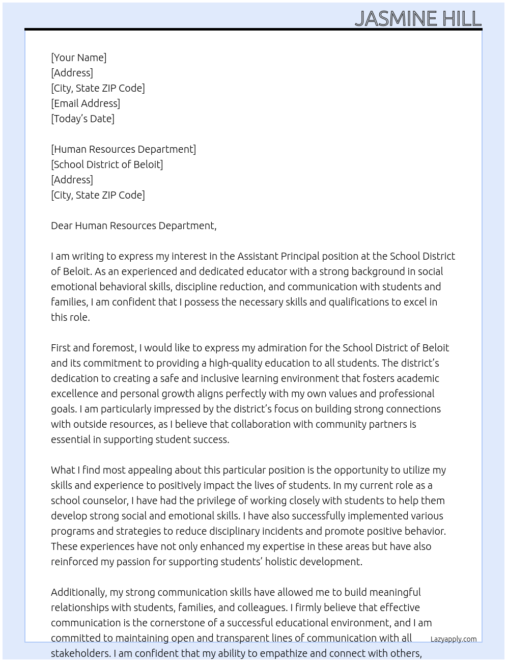 Cover letter for assistant prinicpal - LazyApply