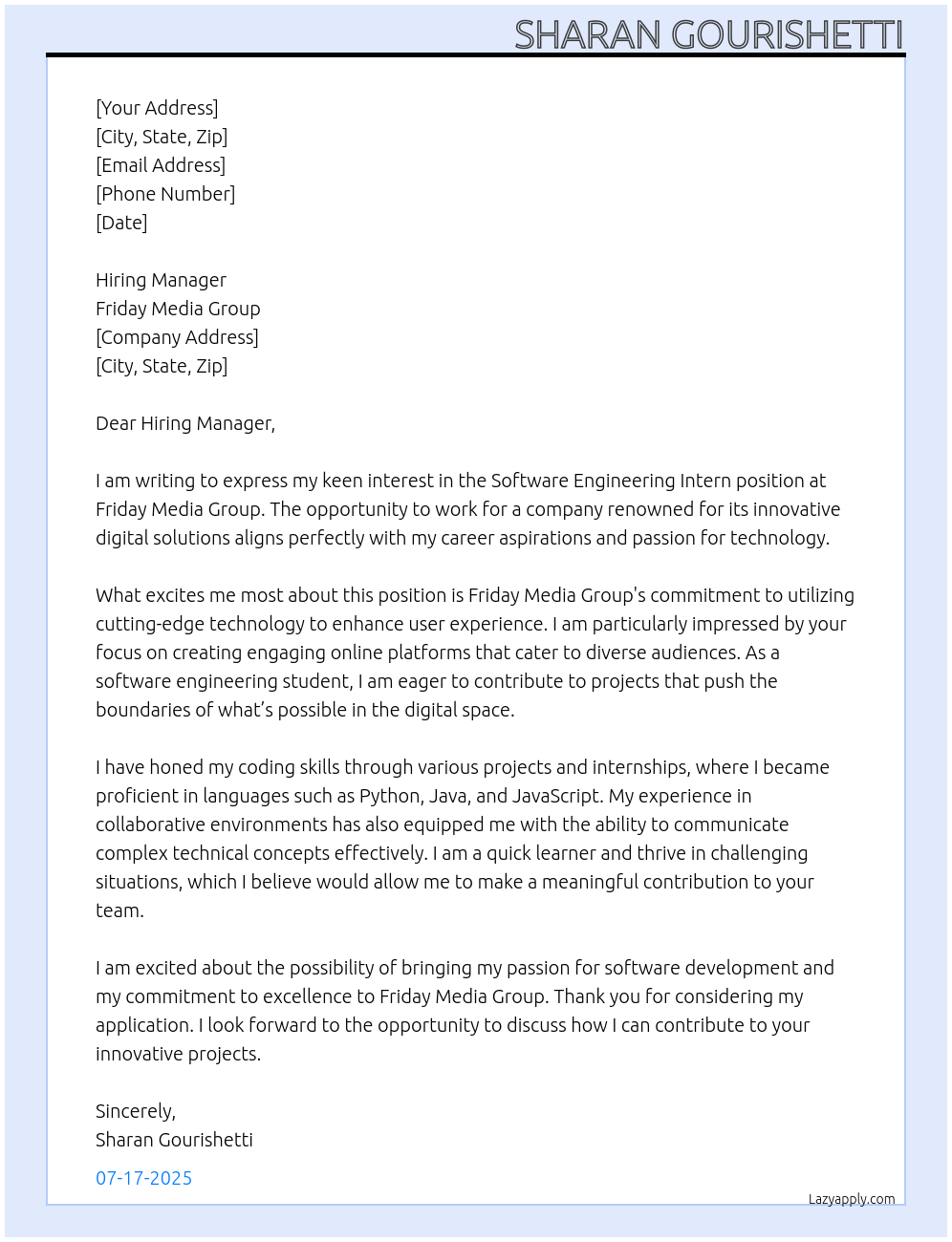 Software Engineering Intern At Friday Media Group Cover Letter