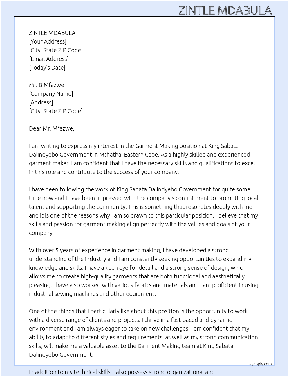 Garment Making  At King Sabata Dalindyebo Gov  Cover Letter
