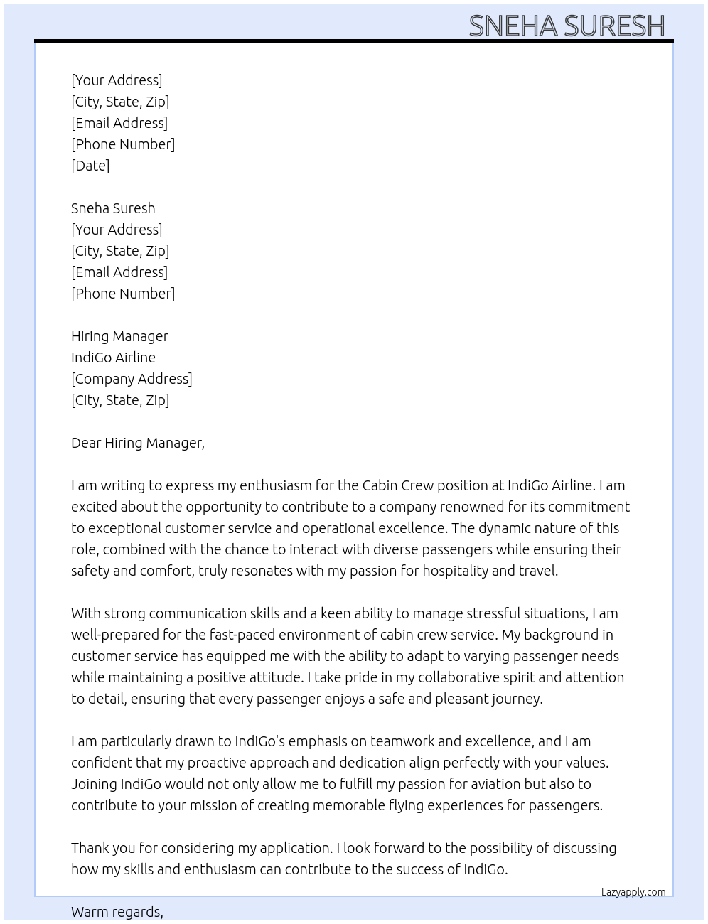 Cabin crew At IndiGo Cover Letter