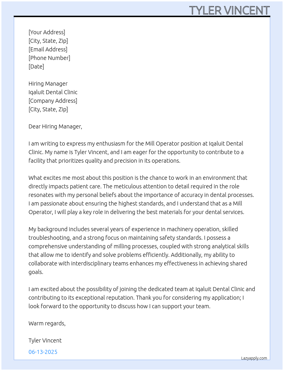 Mill Operator At Iqaluit Dental Clinic Cover Letter