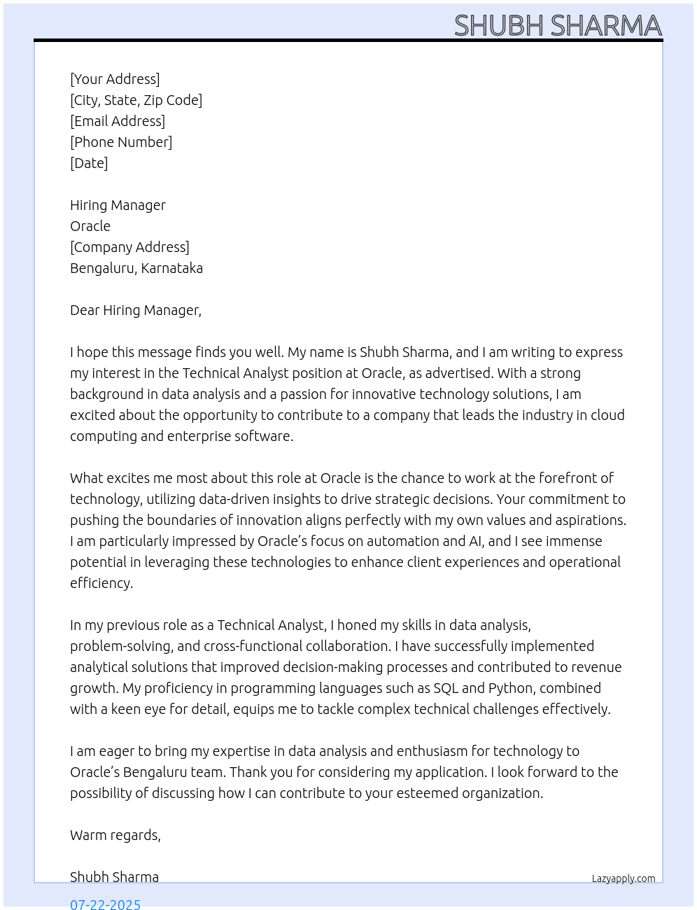 technical analyst At oracle Cover Letter