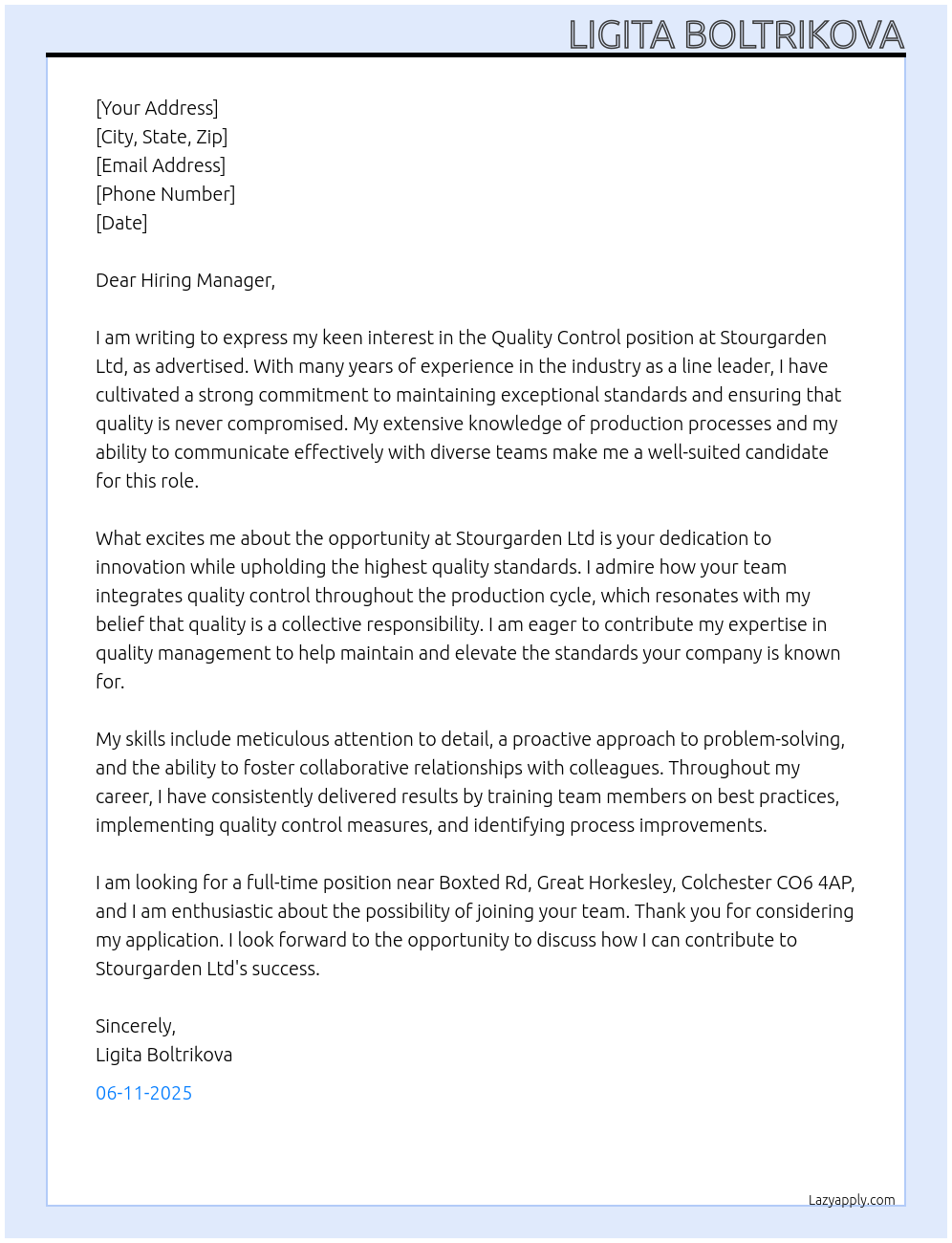 quality control At Stourgarden Ltd Cover Letter