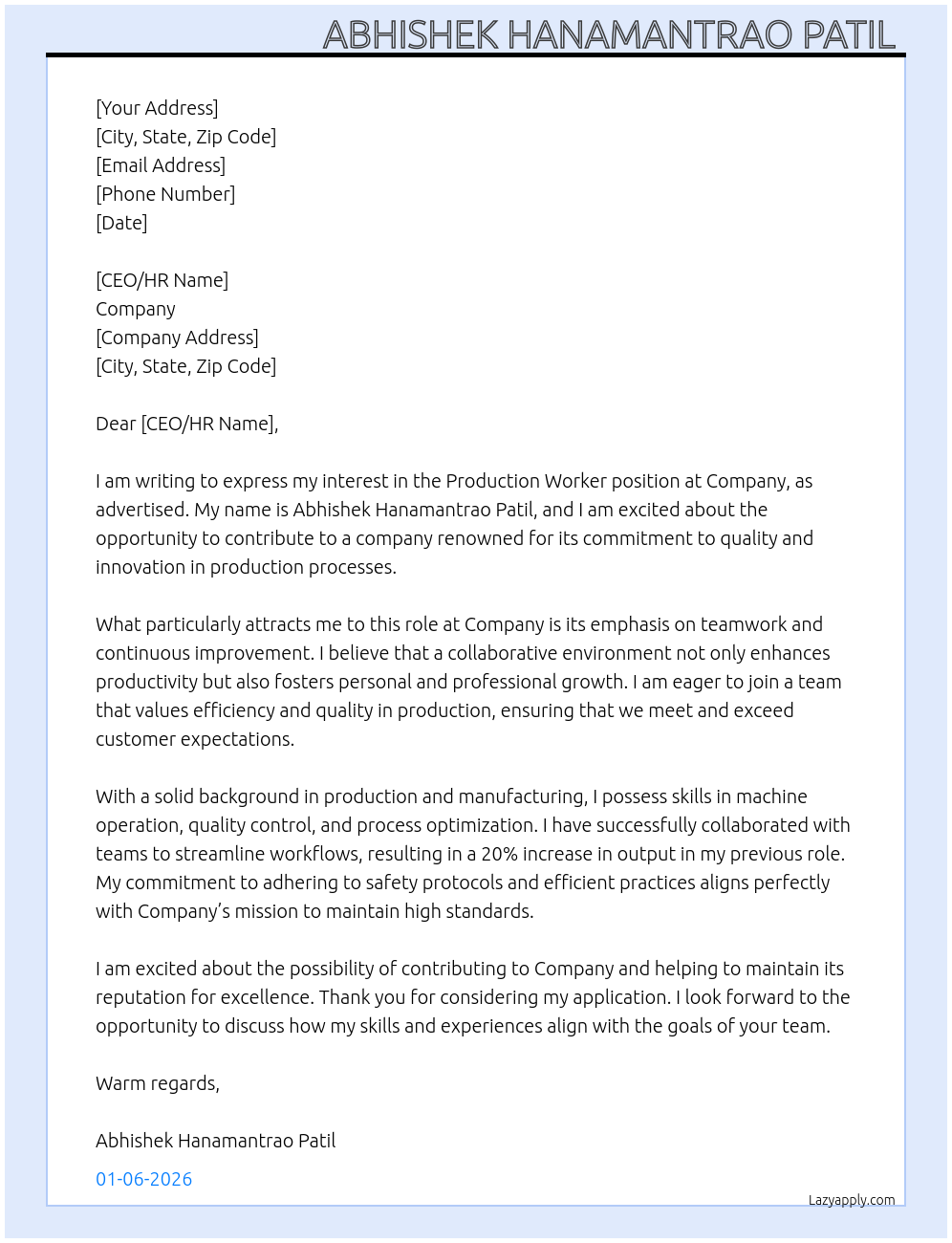 Production workar At Company Cover Letter