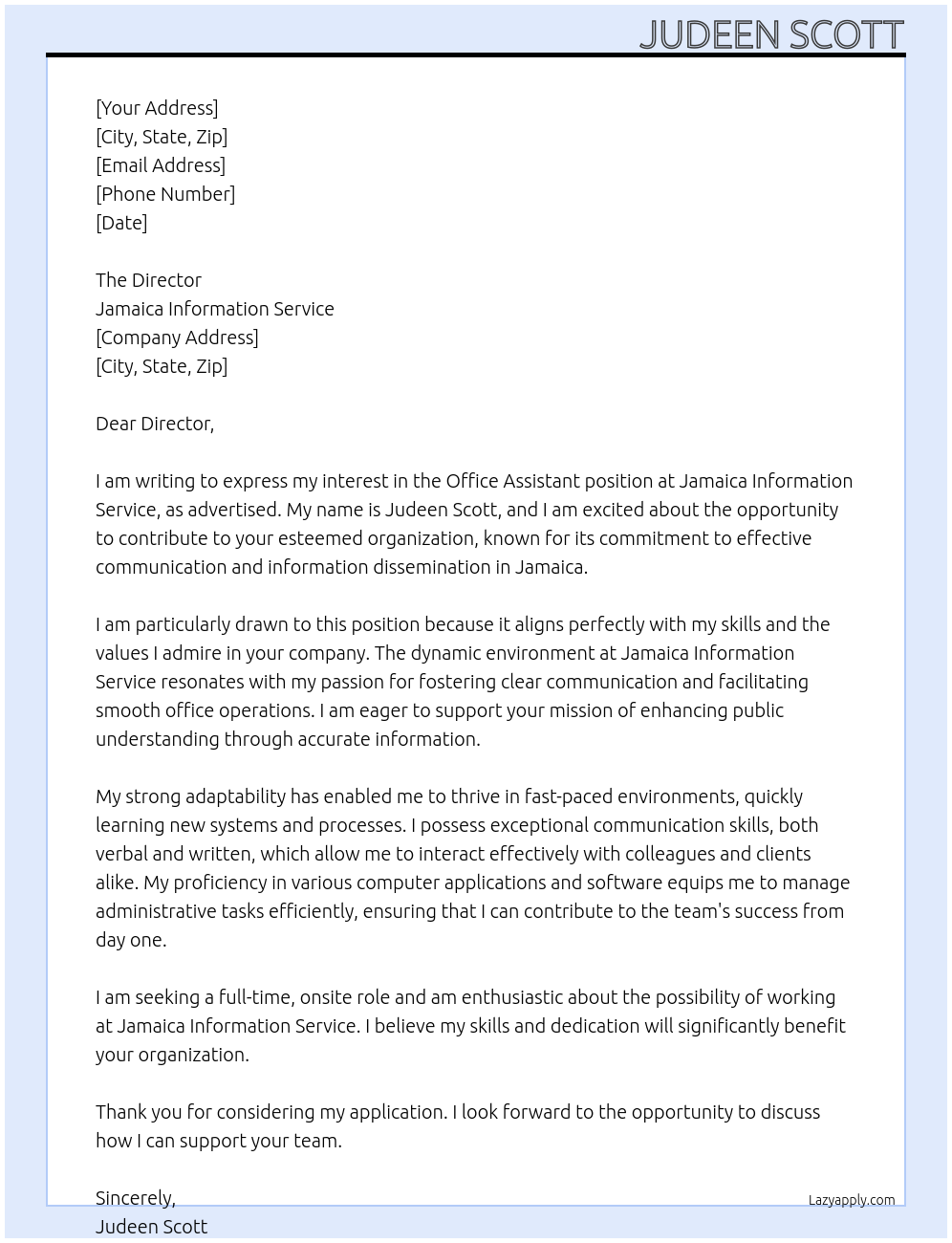 Office Assistance At Jamaica Information Service Cover Letter
