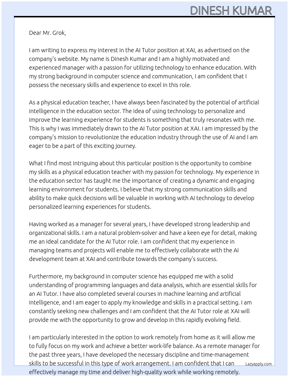 AI TUTER  At XAI Cover Letter