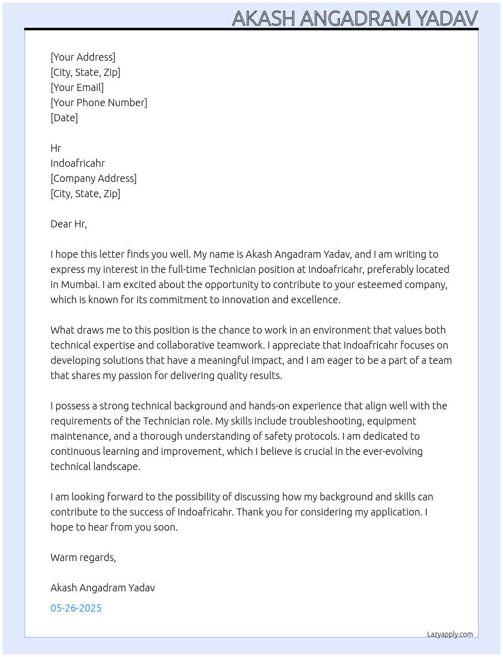 Technician At Indoafricahr Cover Letter