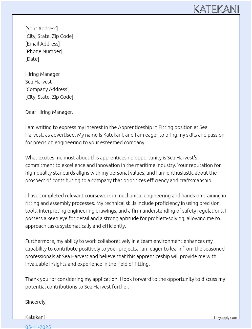 Apprenticeship in Fitting  At Sea Harvest  Cover Letter