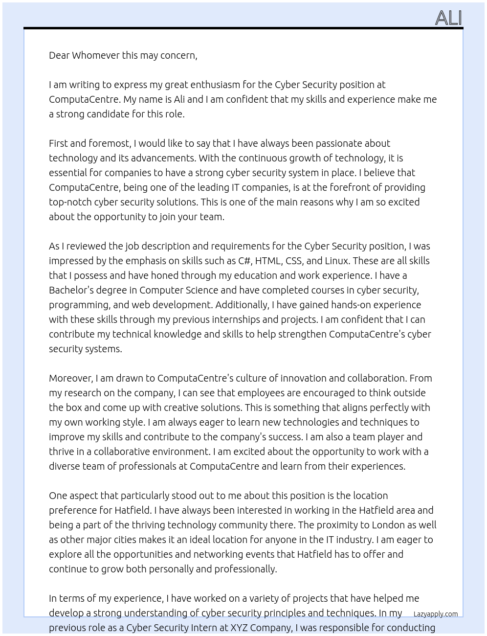 Cyber security At ComputaCentre Cover Letter