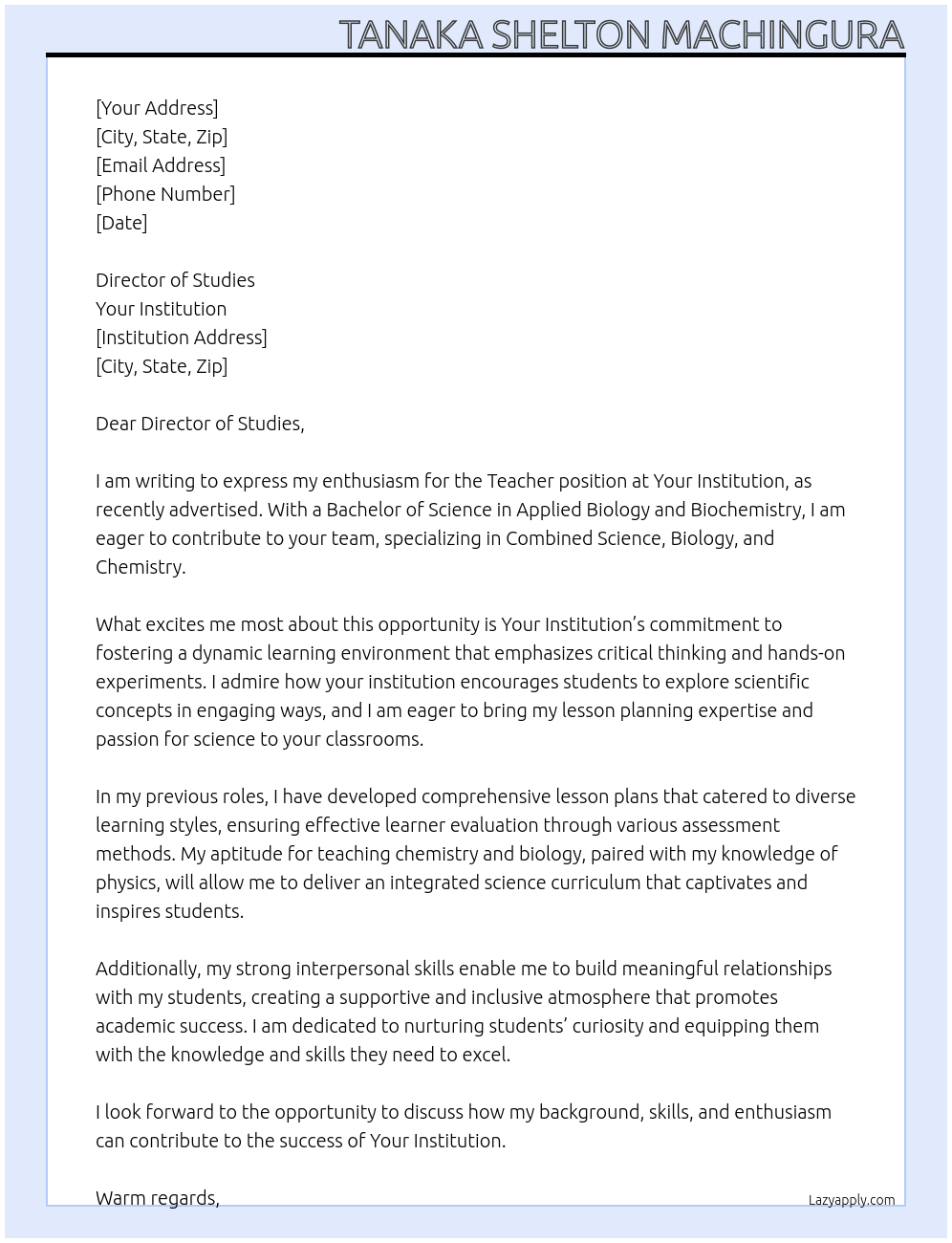 Cover letter for teacher - LazyApply