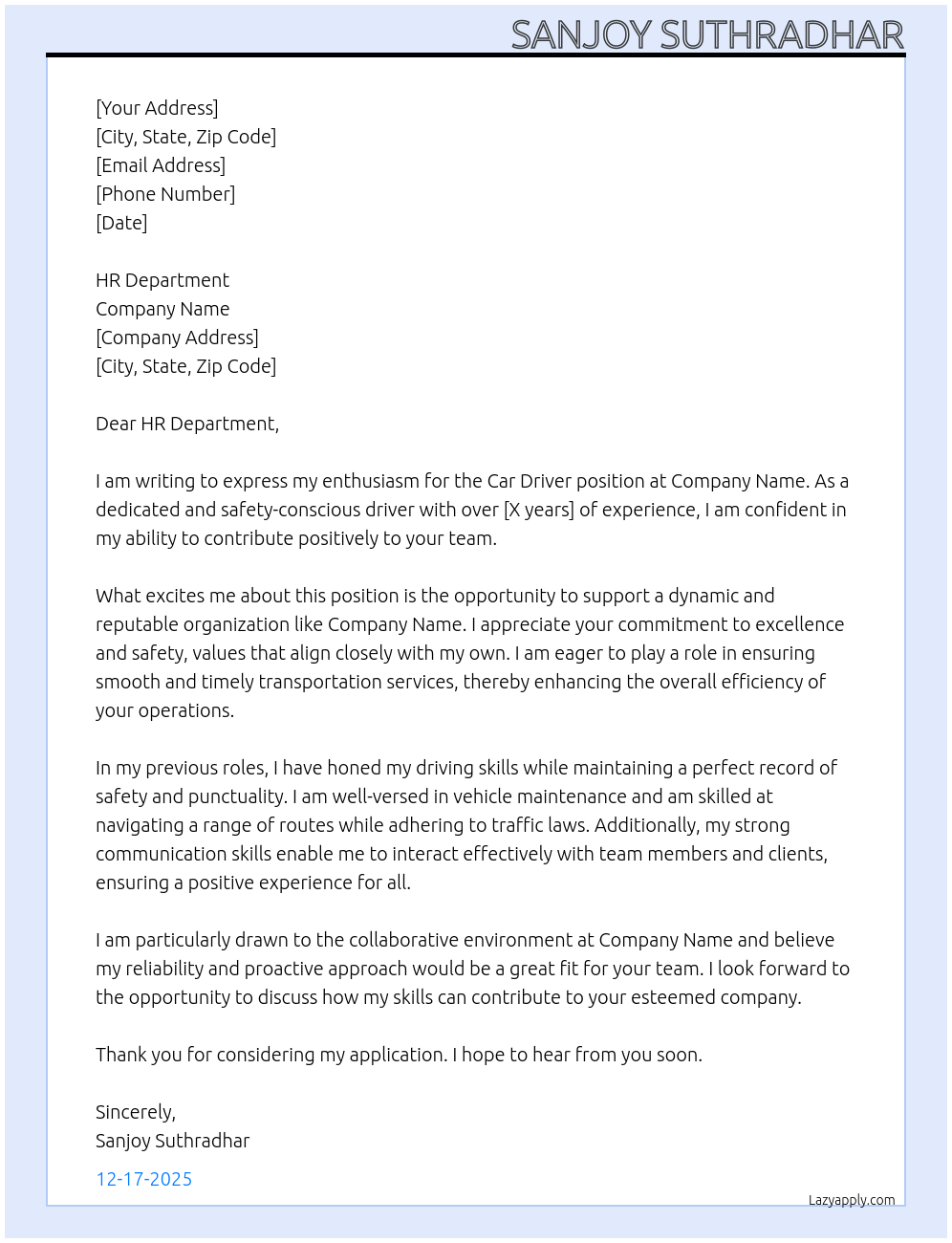 Car driver  At Company Name  Cover Letter