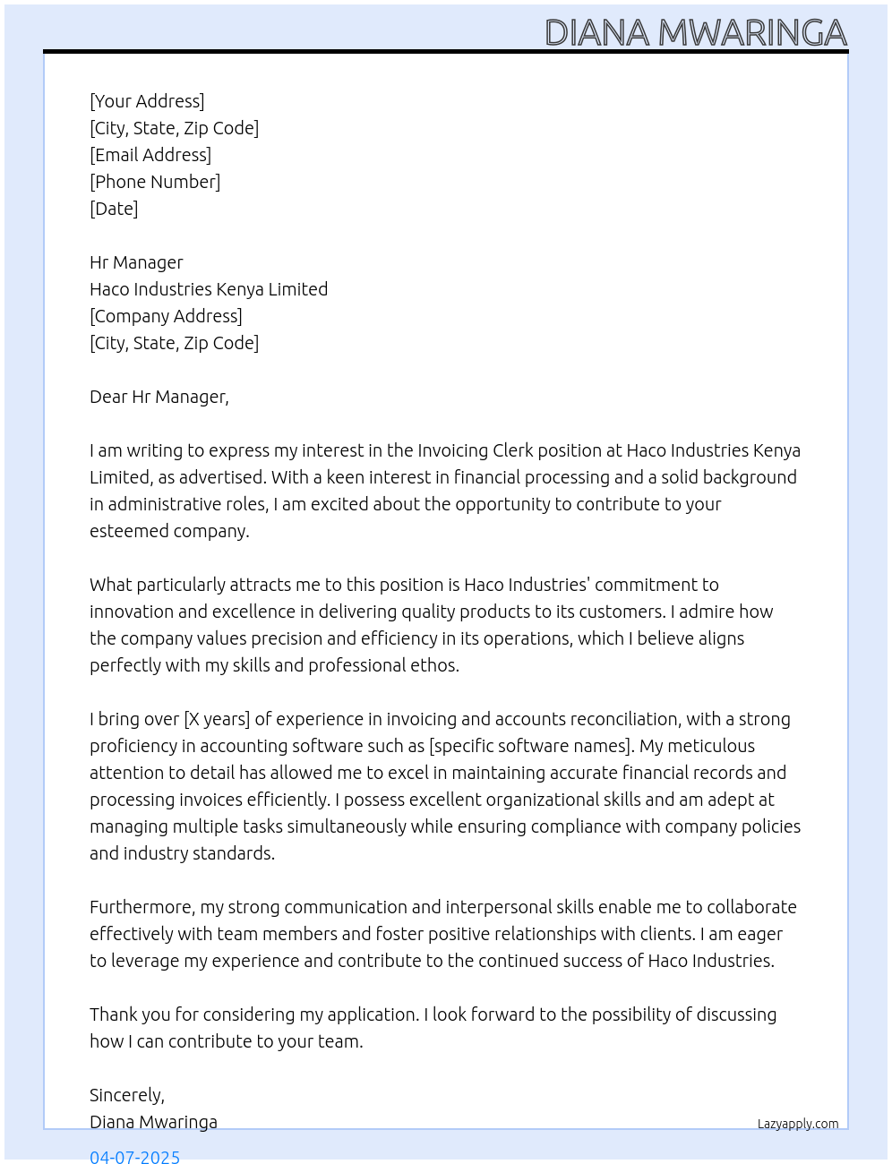 Invoicing Clerk At Haco Industries Kenya Limited Cover Letter