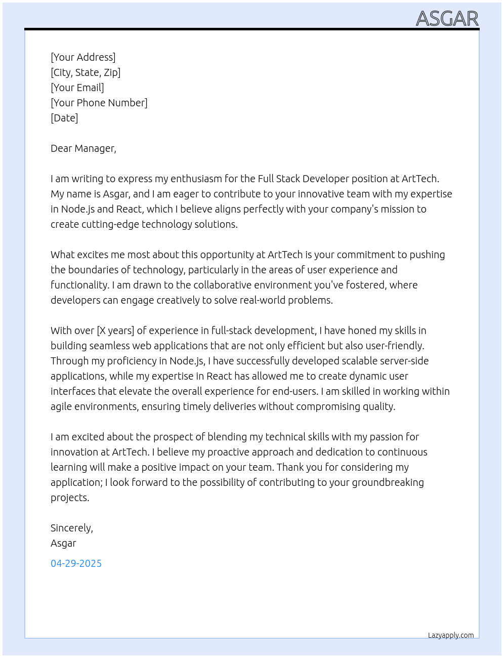 full stack developer At arttech Cover Letter