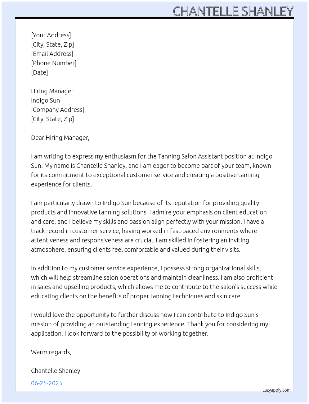 Cover letter for tanning salon assistant - LazyApply