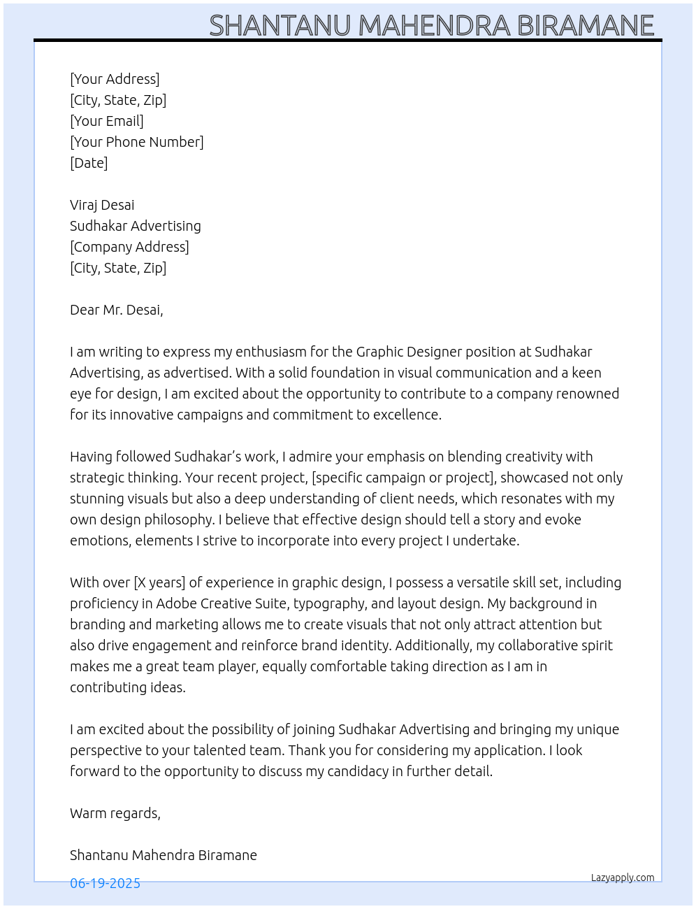 Graphic designer At Sudhakar advertising Cover Letter