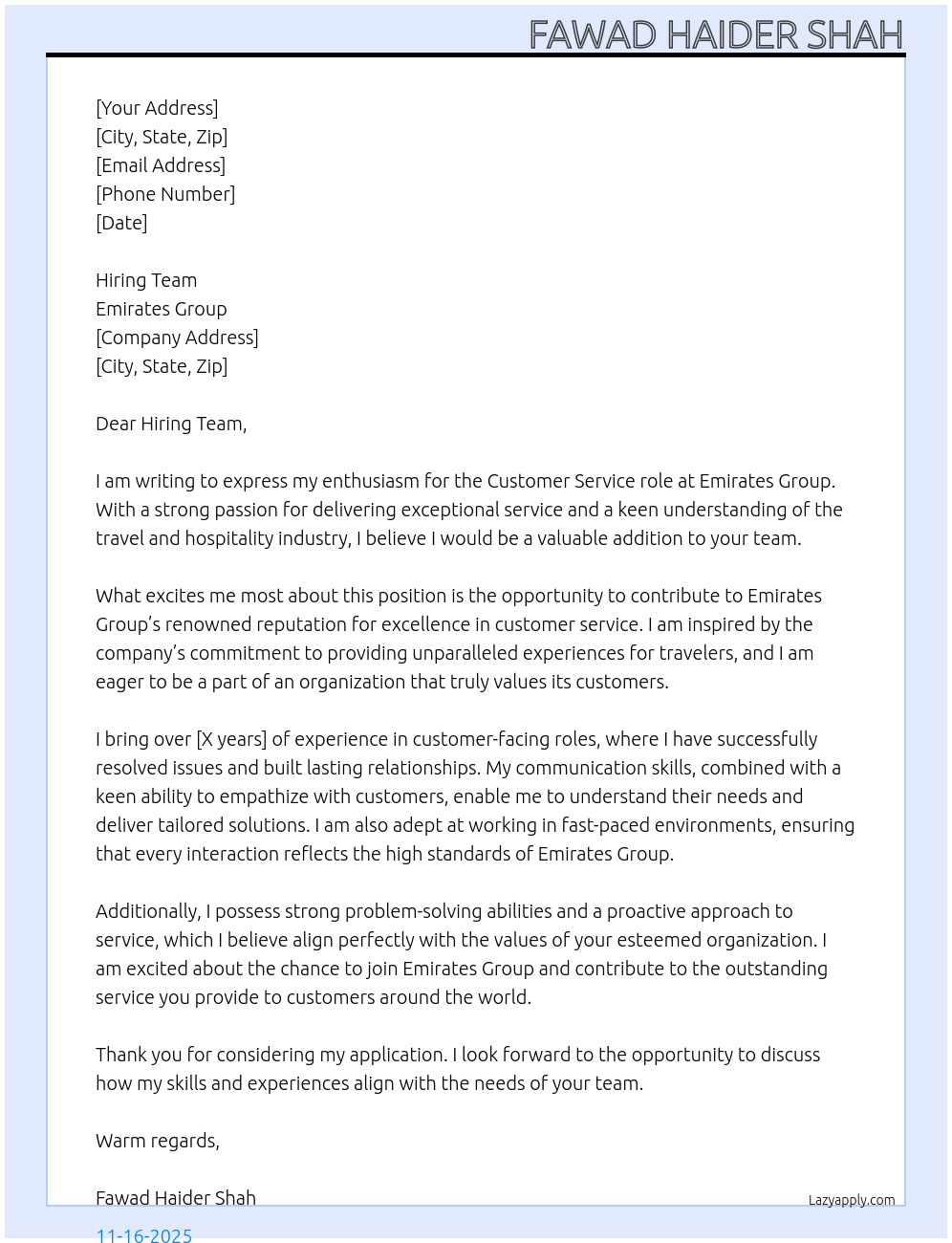 Customer Service role At Emirates group Cover Letter