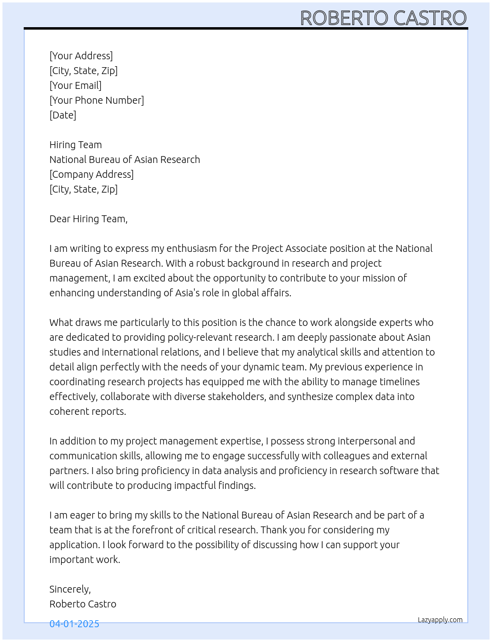 Project Associate At National Bureau of Asian Research Cover Letter