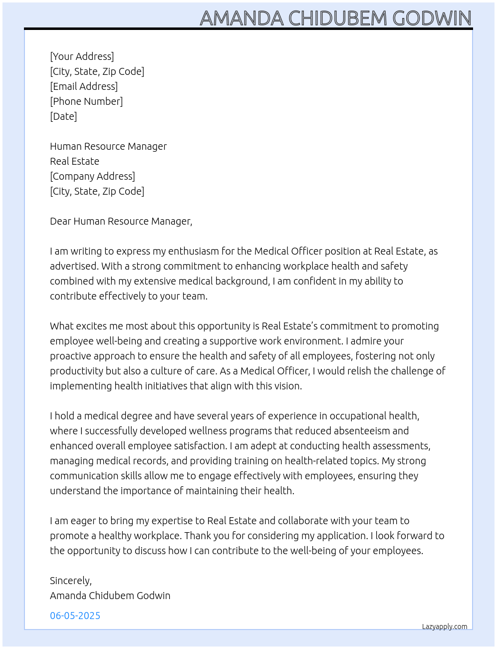 MEDICAL OFFICER At REAL ESTATE Cover Letter