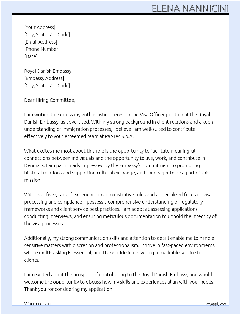 Visa Officer At Par- Tec S.p.A. Cover Letter