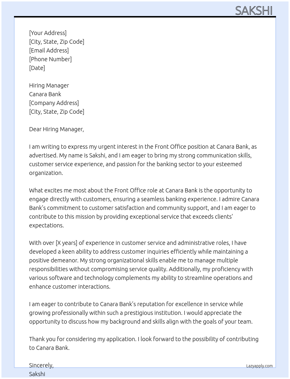 FRONT OFFICE At CANARA BANK Cover Letter