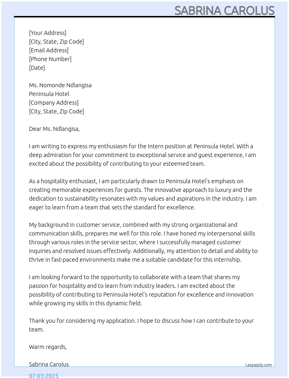 Intern At Peninsula Hotel Cover Letter