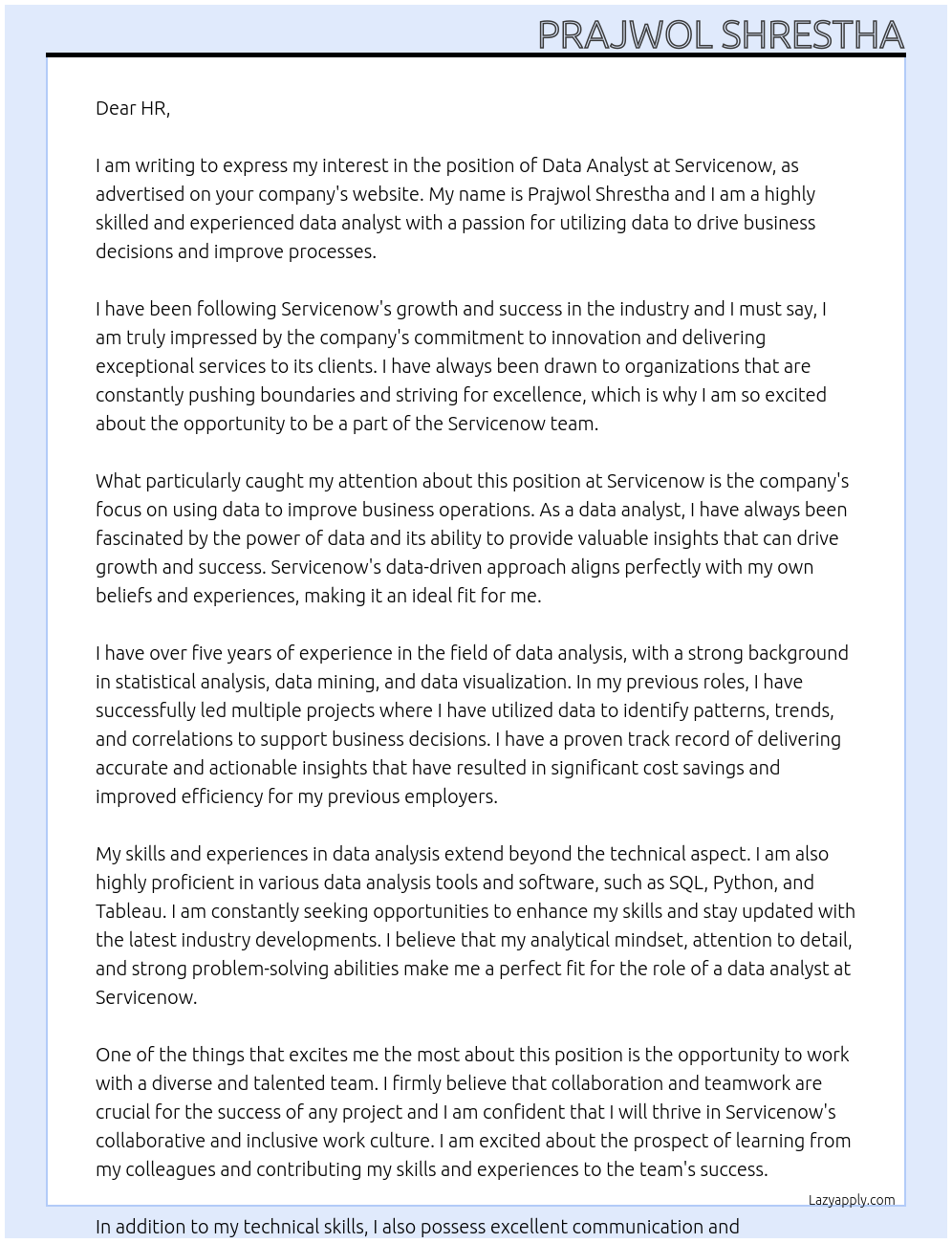 data analyst At Servicenow Cover Letter