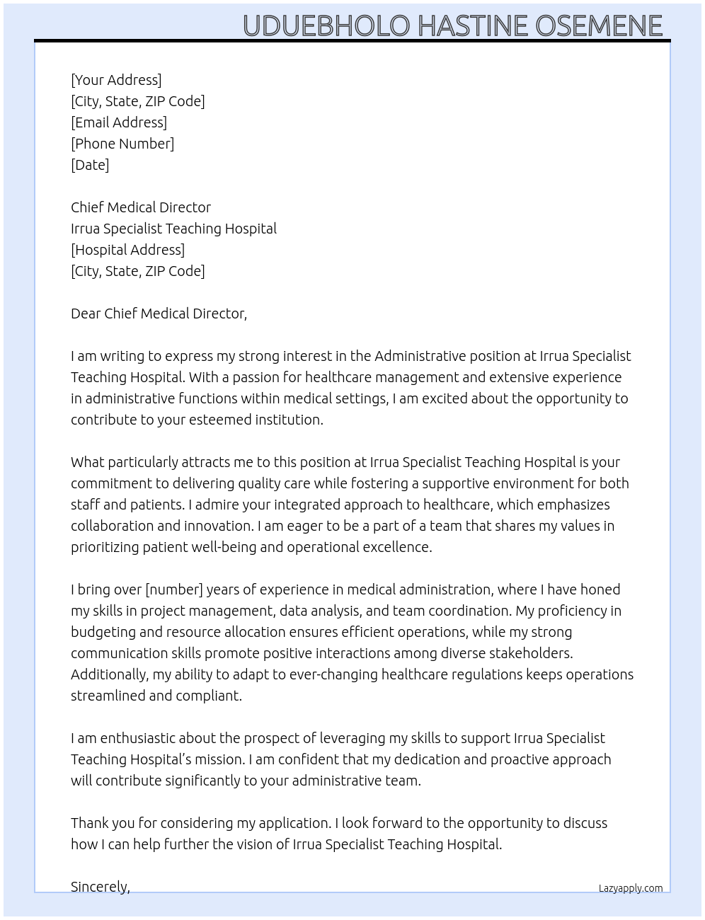Administrative  At Irrua Specialist Teaching Hospital  Cover Letter
