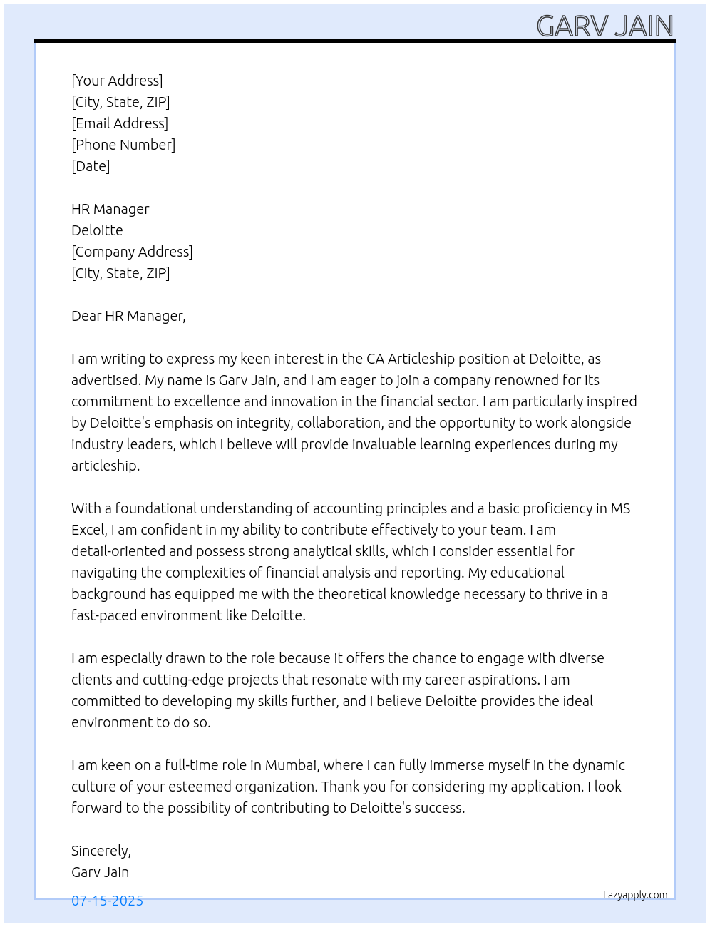 CA Articleship At deloitte Cover Letter