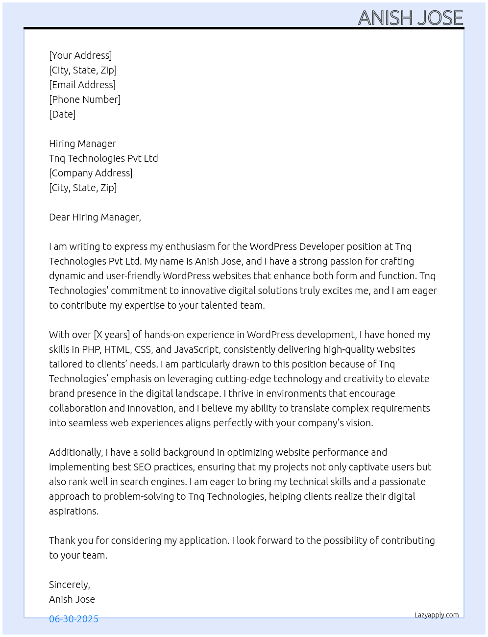 Wordpress Developer At Tnq Technologies Pvt ltd Cover Letter