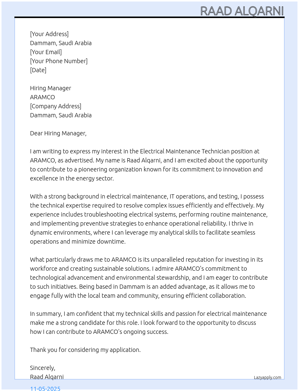 Electrical maintenance technician At ARAMCO Cover Letter
