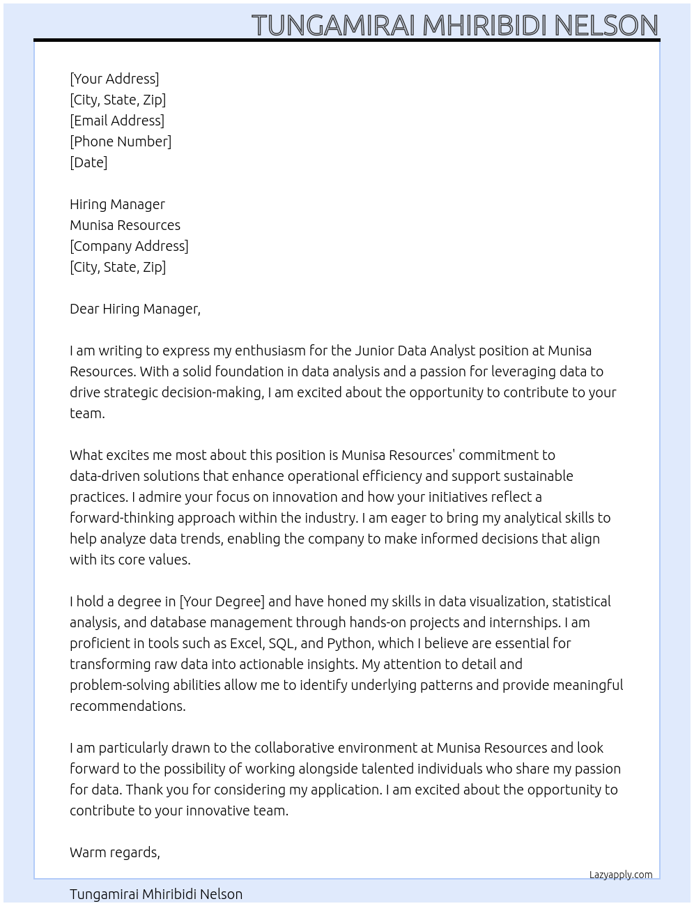 Junior Data Analyst At Munisa Resources Cover Letter