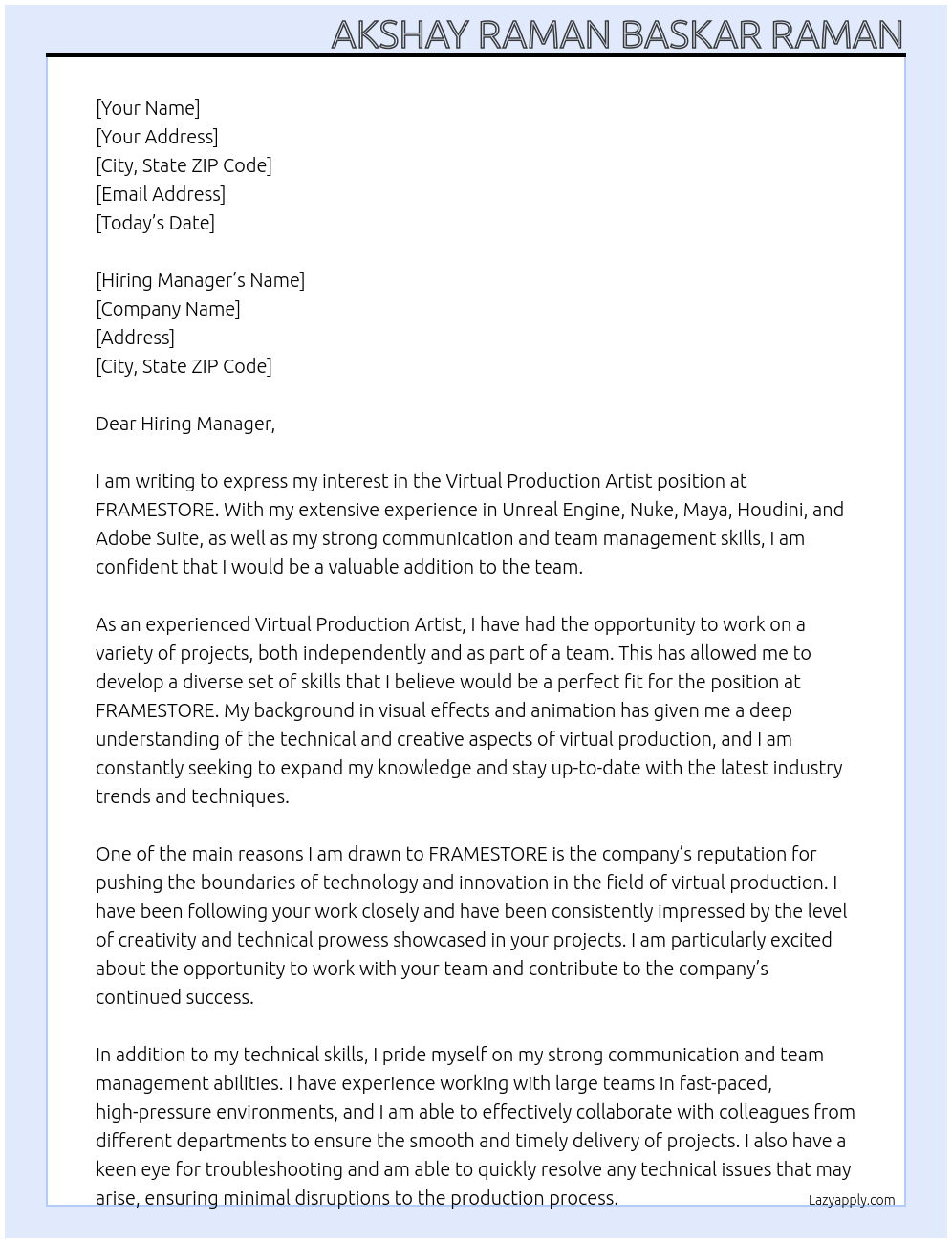 virtual production artist At FRAMESTORE Cover Letter