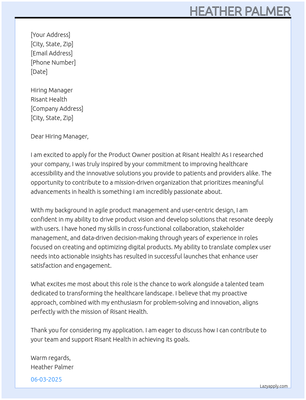 Cover letter for product owner - LazyApply