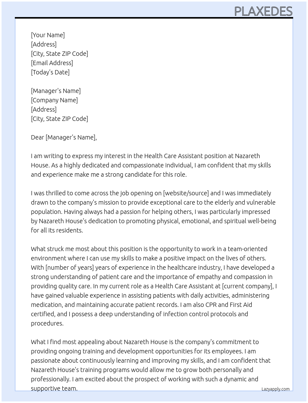 Health Care Assistant At Nazareth house Cover Letter