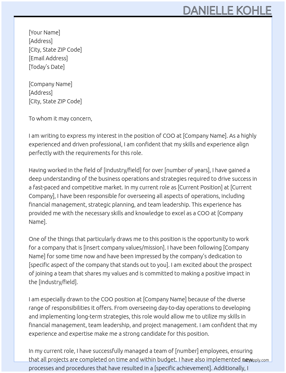 COO At To whom it may concern Cover Letter