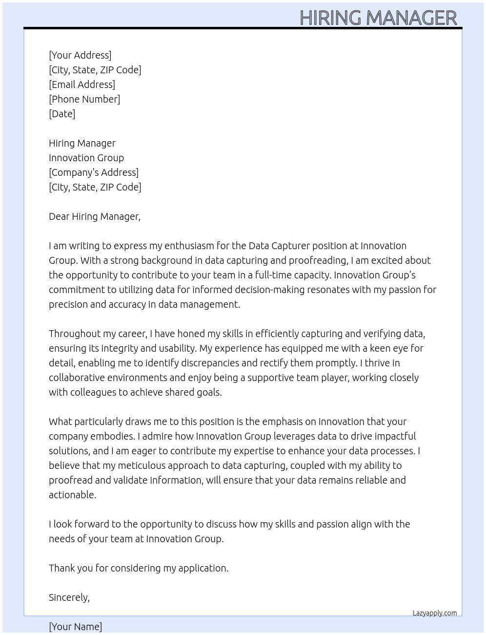 Data capturer At Innovation group Cover Letter