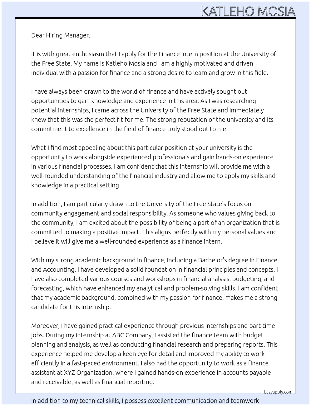 finance intern At university of the free state Cover Letter